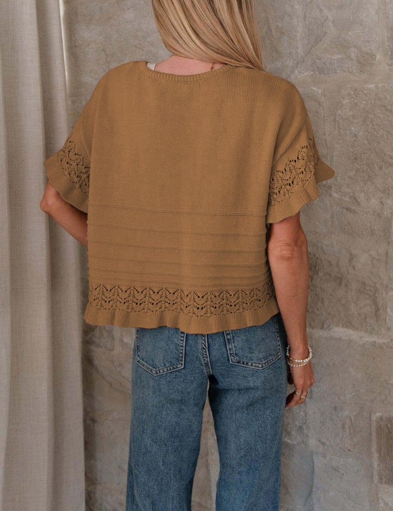 Yeokou Womens Short Sleeve Sweater Round Neck Ruffled Hem Knit Crochet Pullover Summer Fall Casual Top Blouse(Brown-XL) - Image 4